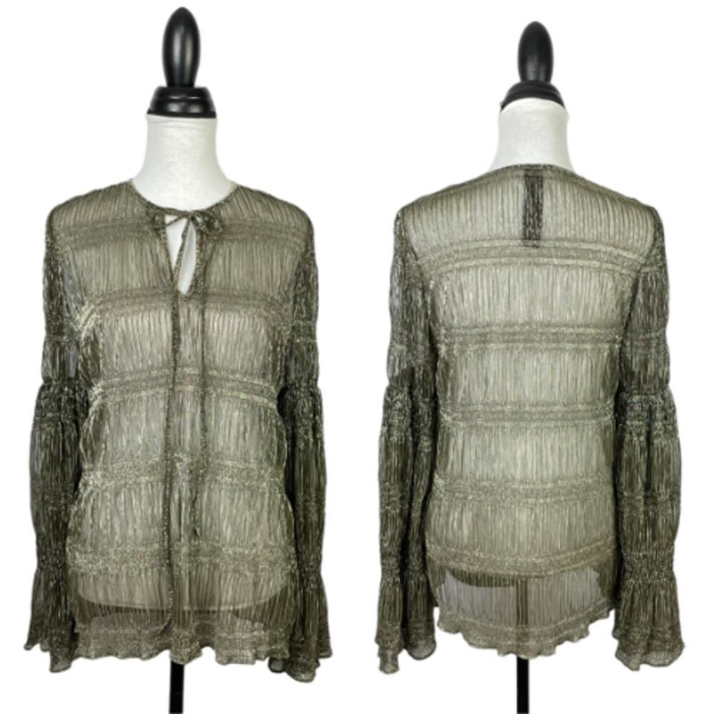 Romance Was Born | Gold & Black Metallic Sheer Tie Neck Long Bell Sleeve Blouse